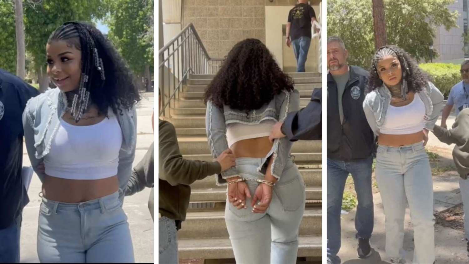 Chrisean Rock being escorted by police with handcuffs, captured in multiple images