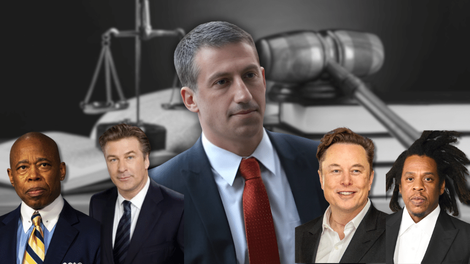 Alex Spiro legal profile collage featuring attorney with courtroom background and high-profile clients.