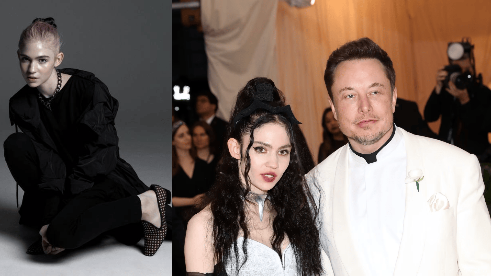 Grimes (Claire Boucher) in a fashion pose (left) and with Elon Musk at a formal event (right), representing their iconic modern relationship.