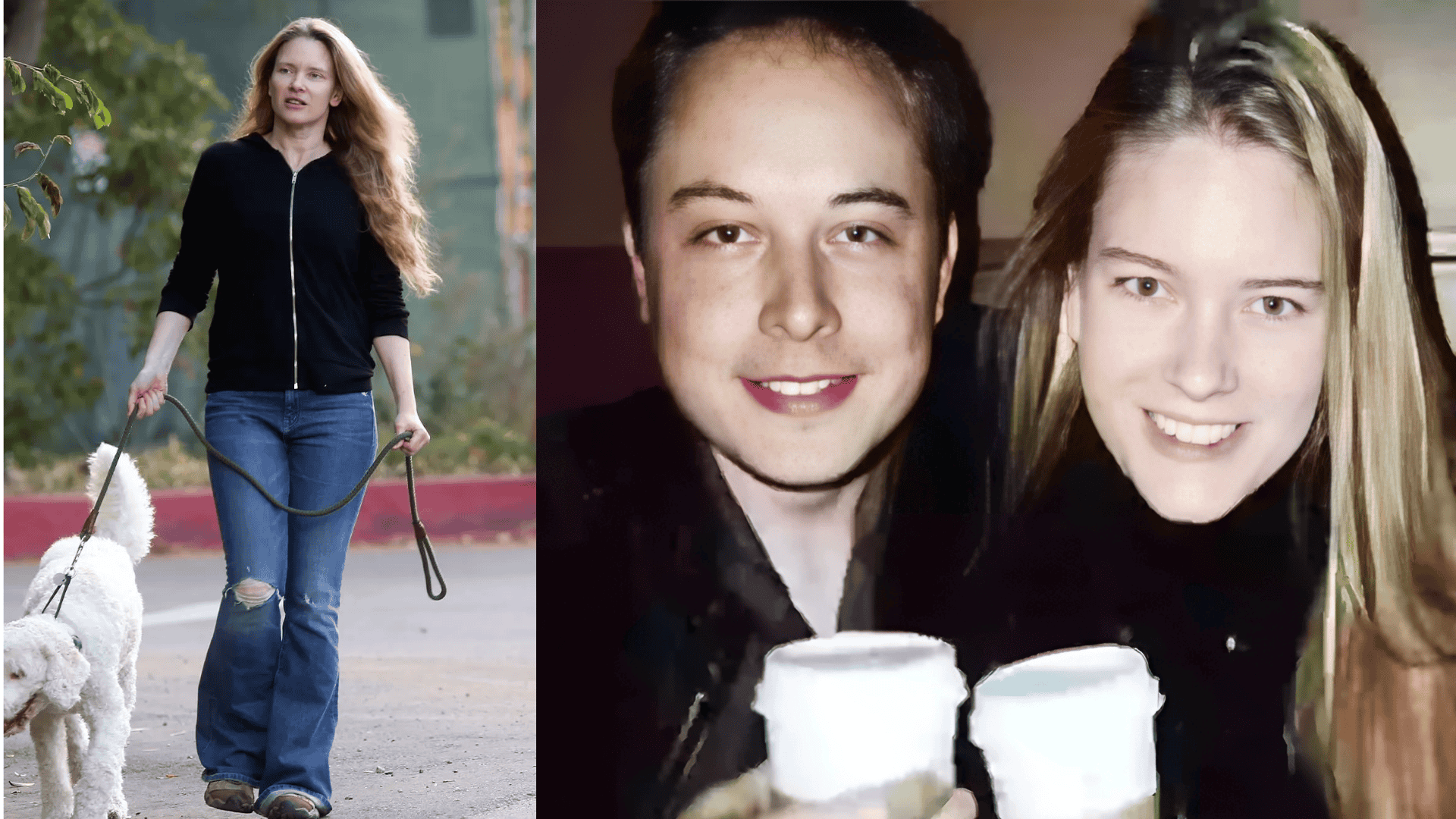 Elon Musk with Justine Wilson, with Justine walking a dog in one image and the couple holding coffee cups in another photo, representing their relationship before Musk's rise to fame.