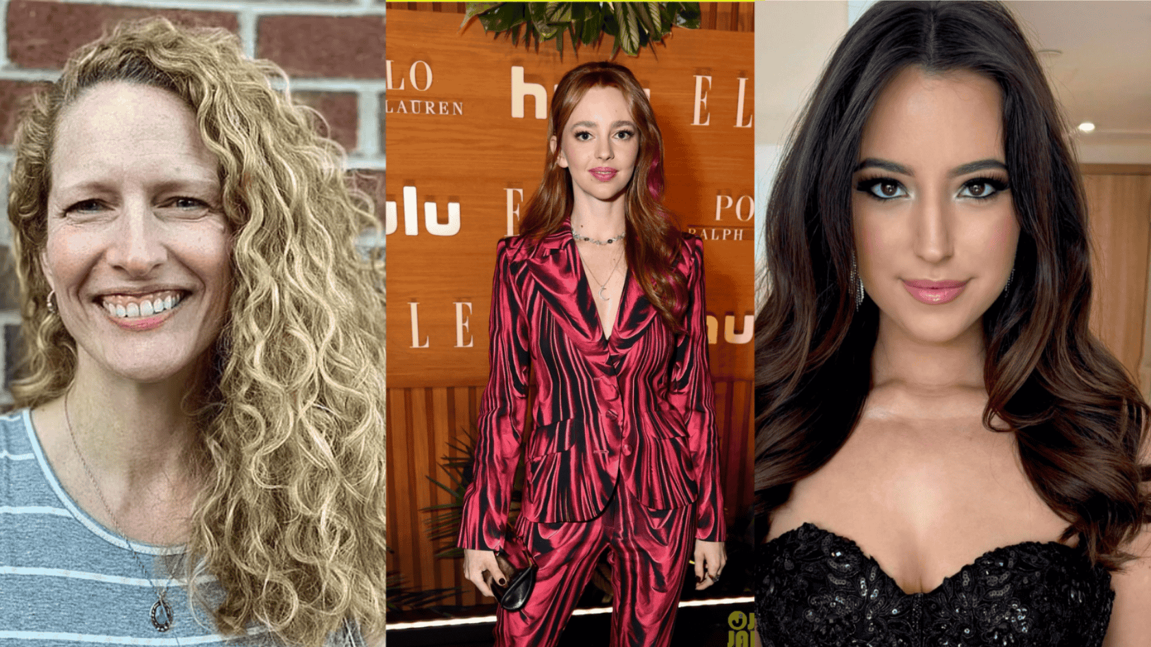 Left: Woman with curly hair, center: Woman in a striped suit at an event, right: Woman in a strapless black dress. Representing reported relationships associated with Elon Musk