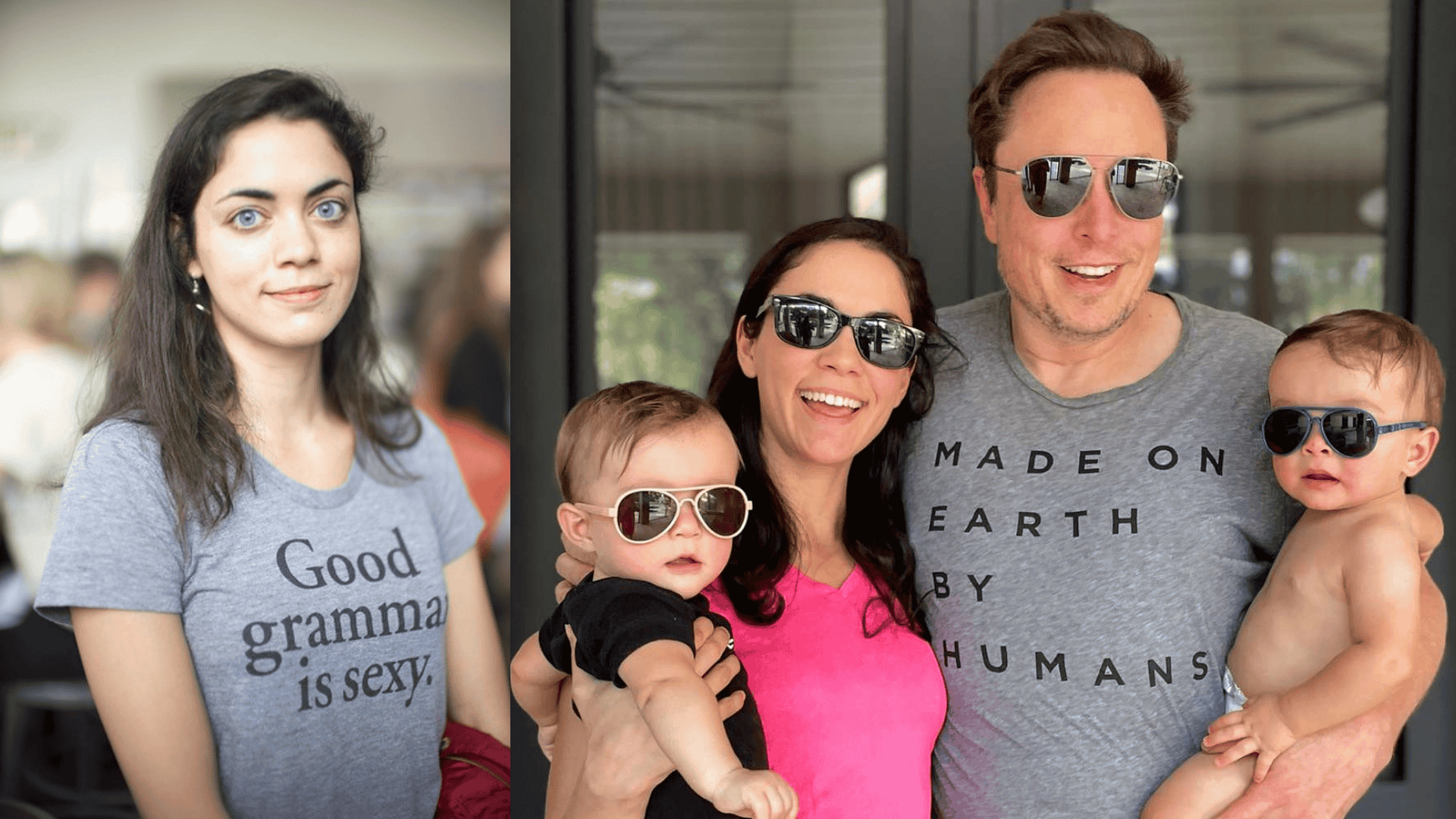 Shivon Zilis wearing a 'Good grammar is sexy' t-shirt (left), and with Elon Musk and their children wearing matching t-shirts that say 'MADE ON EARTH BY HUMANS' (right), representing their family life.