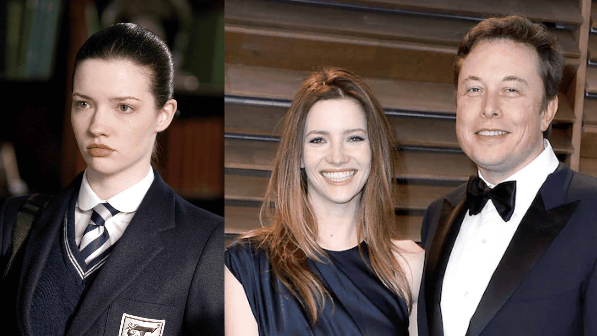 Talulah Riley as a young actress in a school uniform (left), and with Elon Musk at a formal event (right), representing their relationship