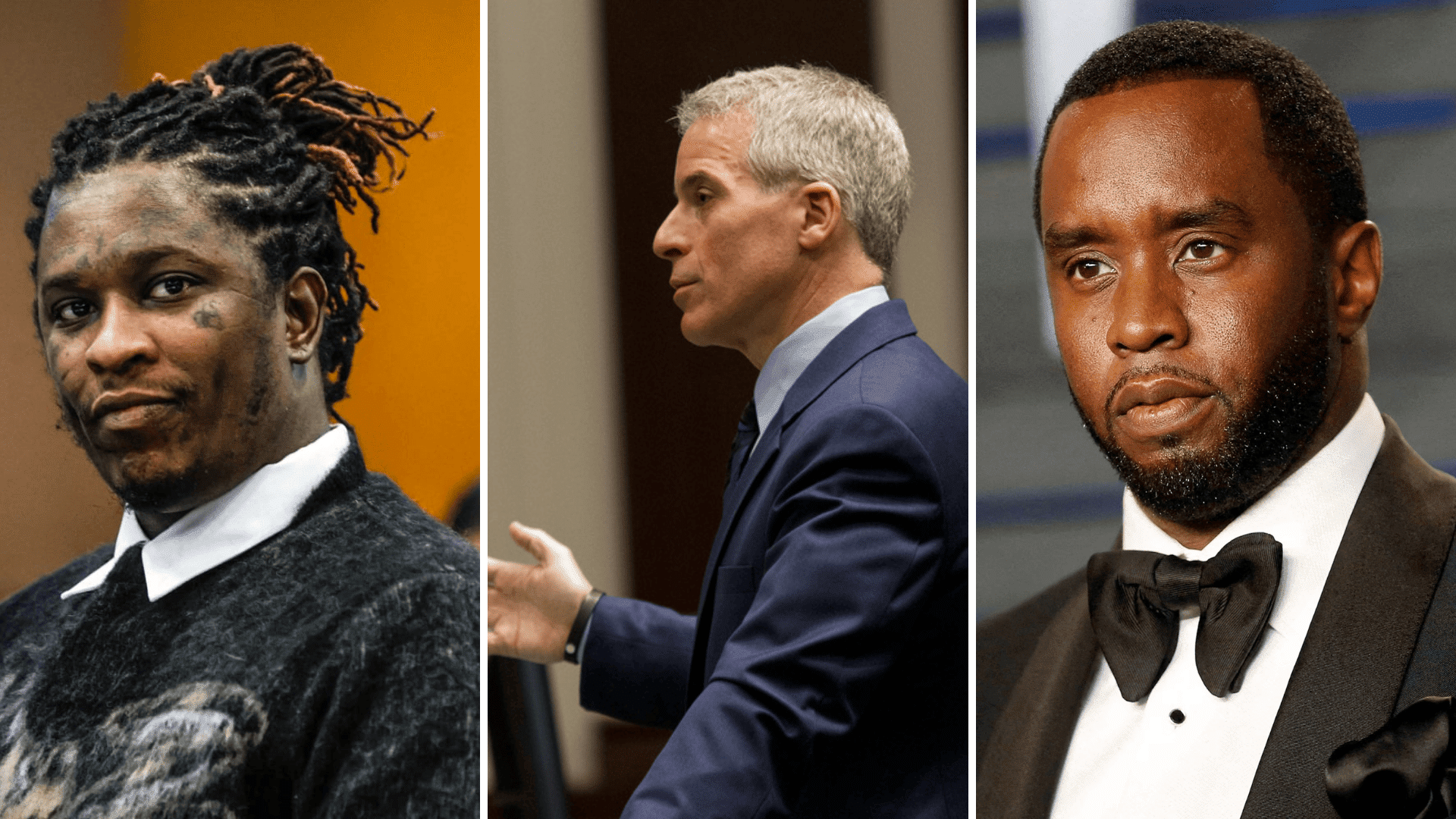 Young Thug in court, Brian Steel speaking in court, and Diddy in a formal suit