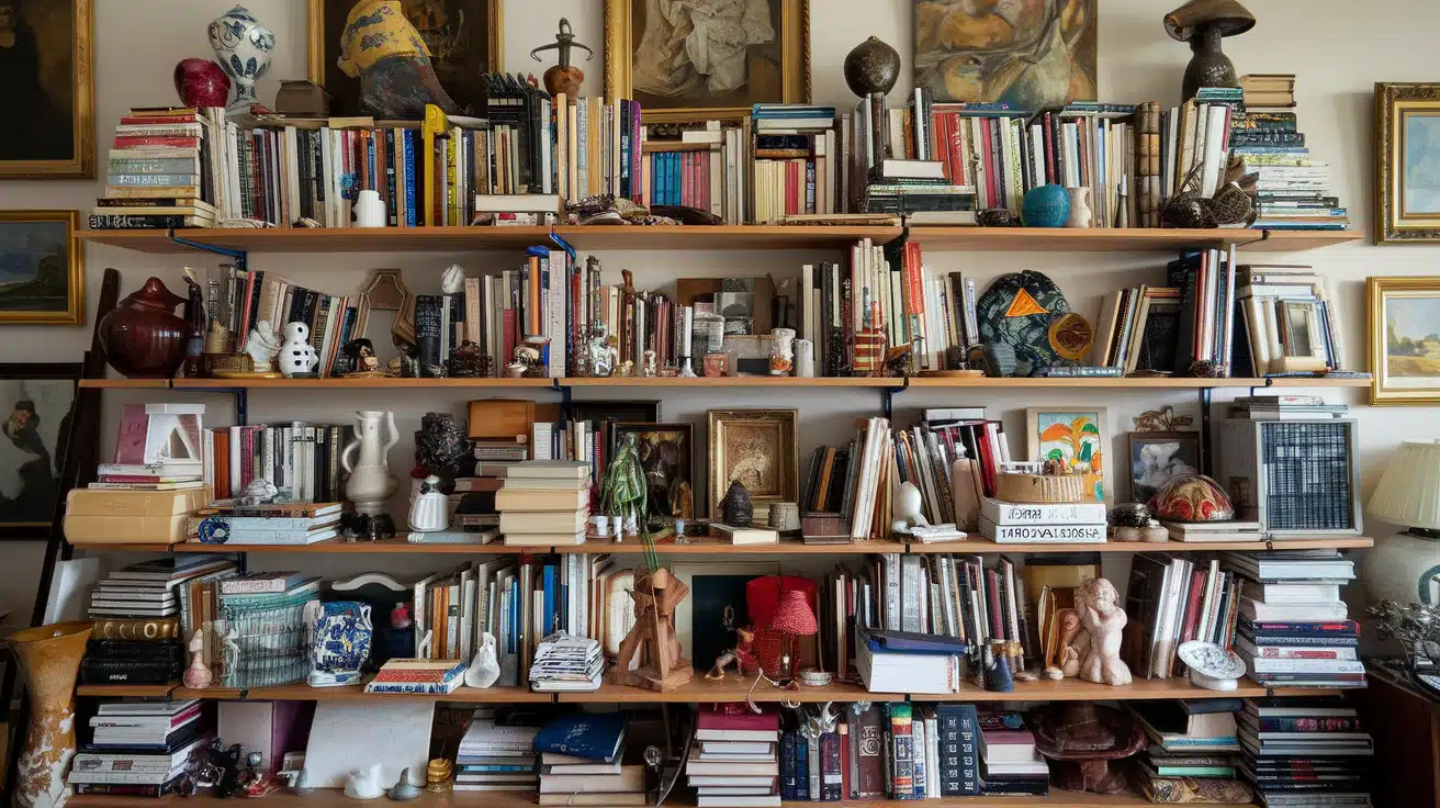 clluttered bookshelf