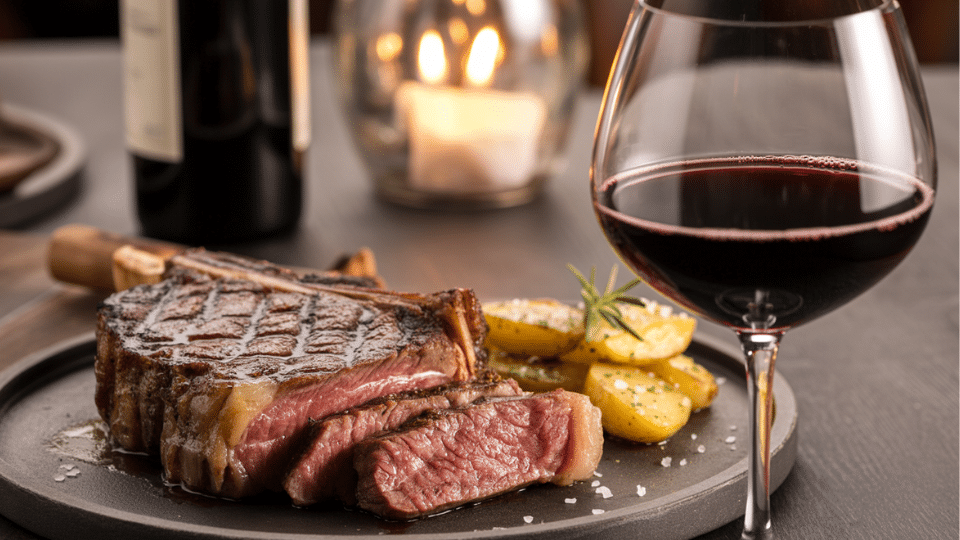 grilled steak red wine dinner