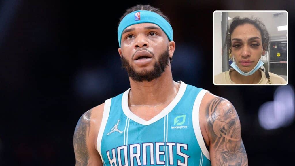 Miles Bridges in a basketball uniform (left) and an image of a woman with visible injuries (right)