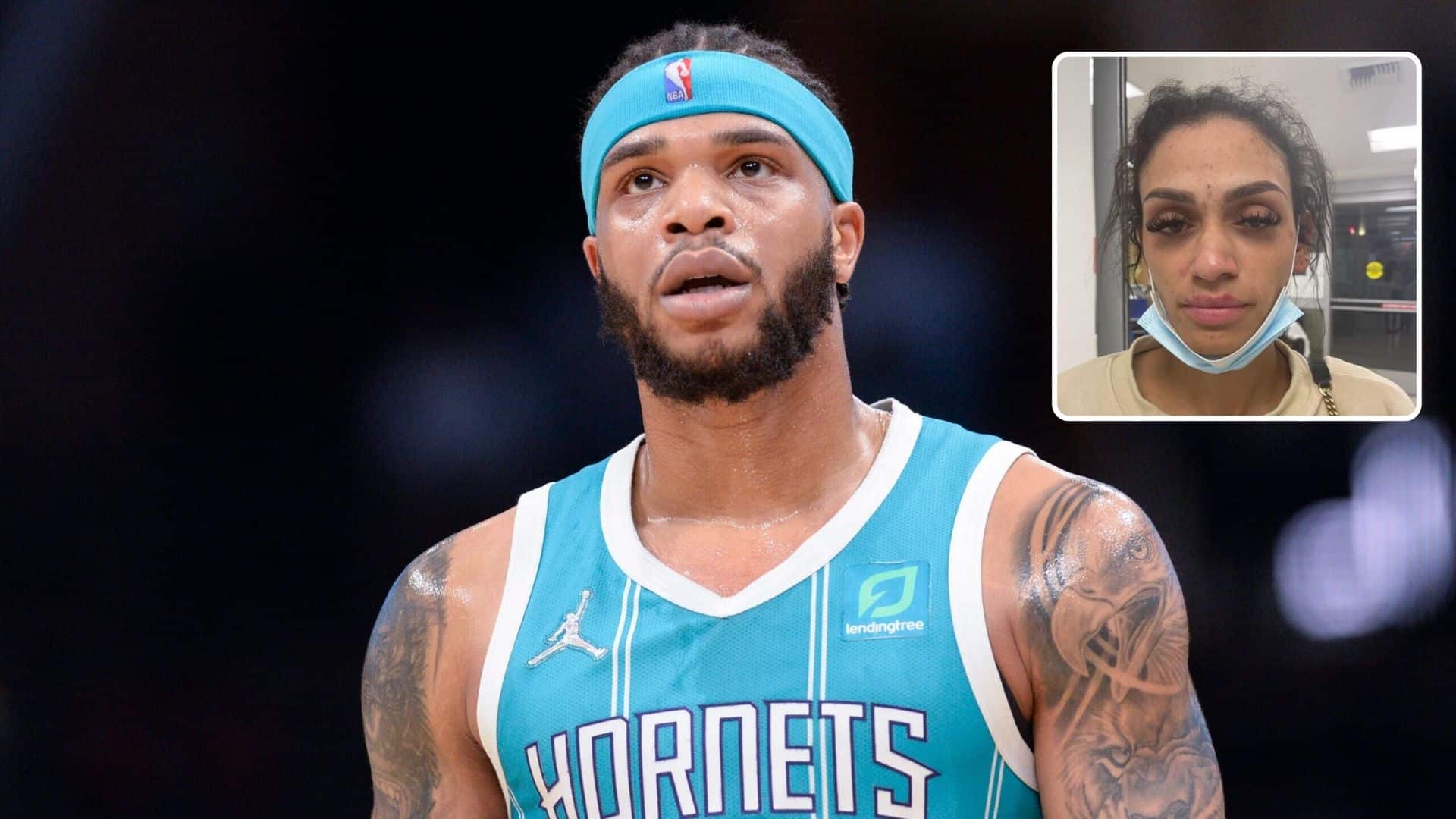 Miles Bridges in a basketball uniform (left) and an image of a woman with visible injuries (right)