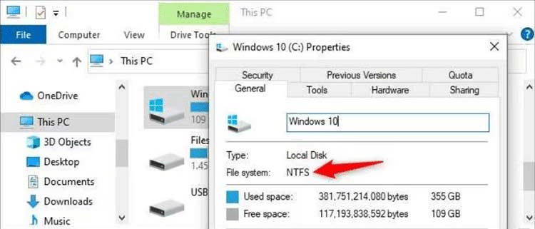 Now, open File Explorer, right-click the drive where your deleted photos were stored and select Properties. Go to the General tab and check the file system.