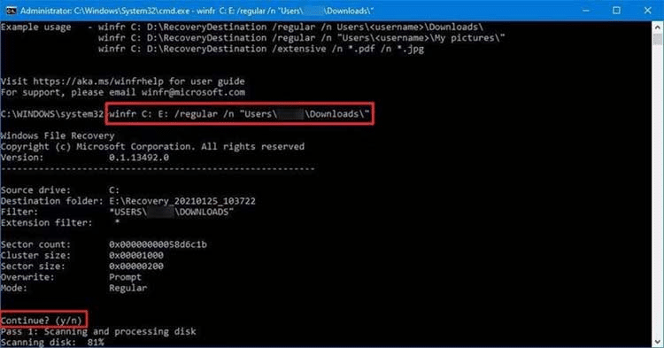 Use the command: winfr C: E: /regular /n Users\< username> \Downloads\, to recover deleted files using the Regular mode on an NTFS drive.