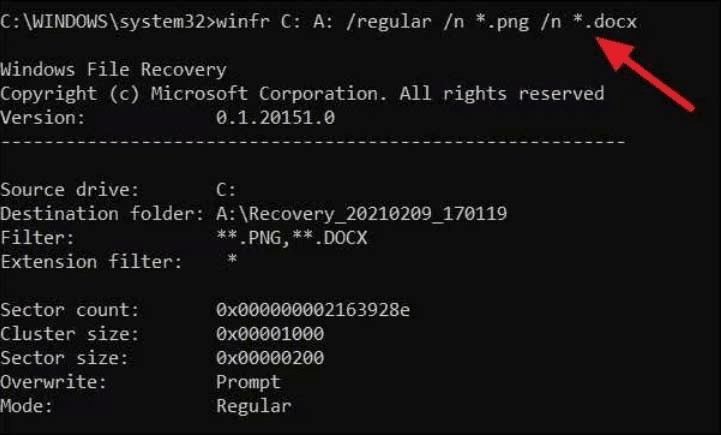 For example, to recover PNG files from a specific NTFS drive, run the following command: winfr C: A: /regular /n *.png /n *.docx.