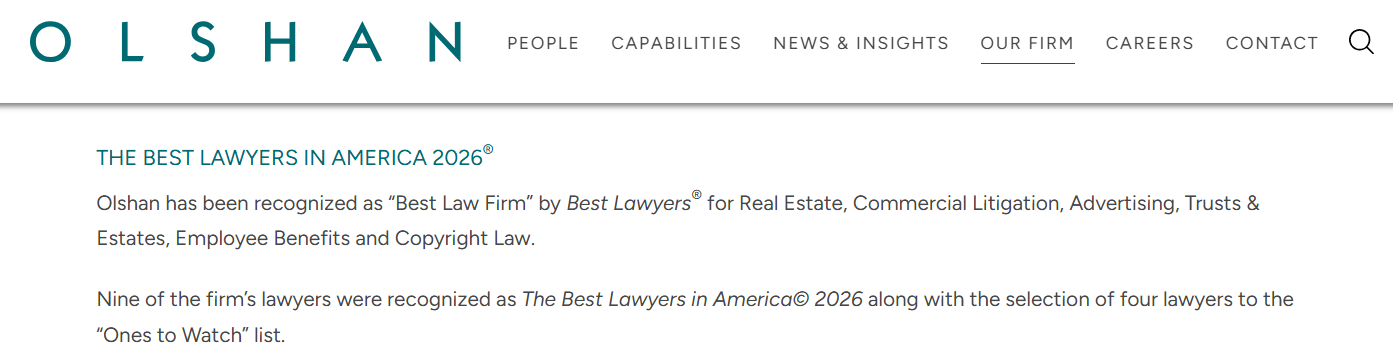 1. Best Overall Midsized, Real Estate Law Firm: Olshan Frome Wolosky, LLP