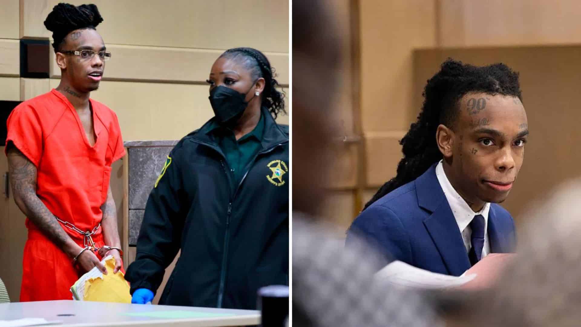 Side by side courtroom images of YNW Melly in a red jail uniform with a deputy and later wearing a blue suit.