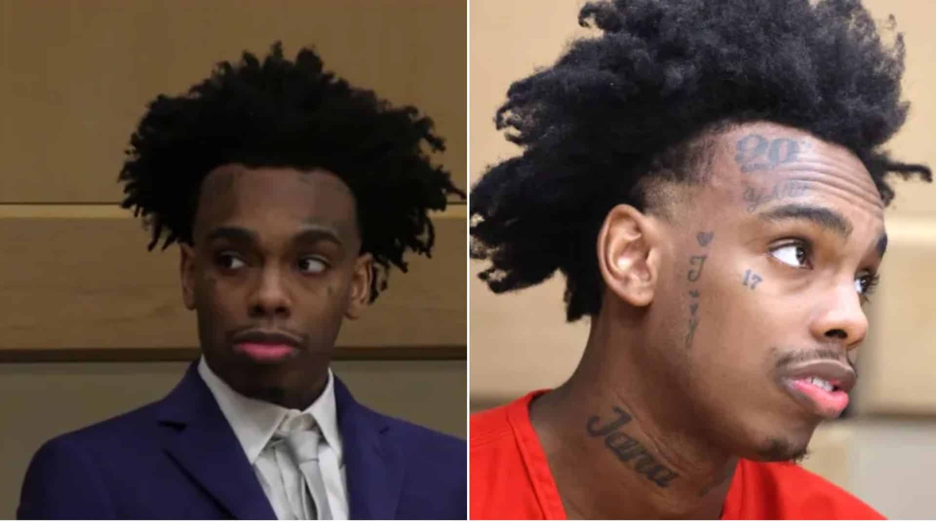 YNW Melly with a high afro hairstyle wearing a suit in one image and a red shirt in the other.
