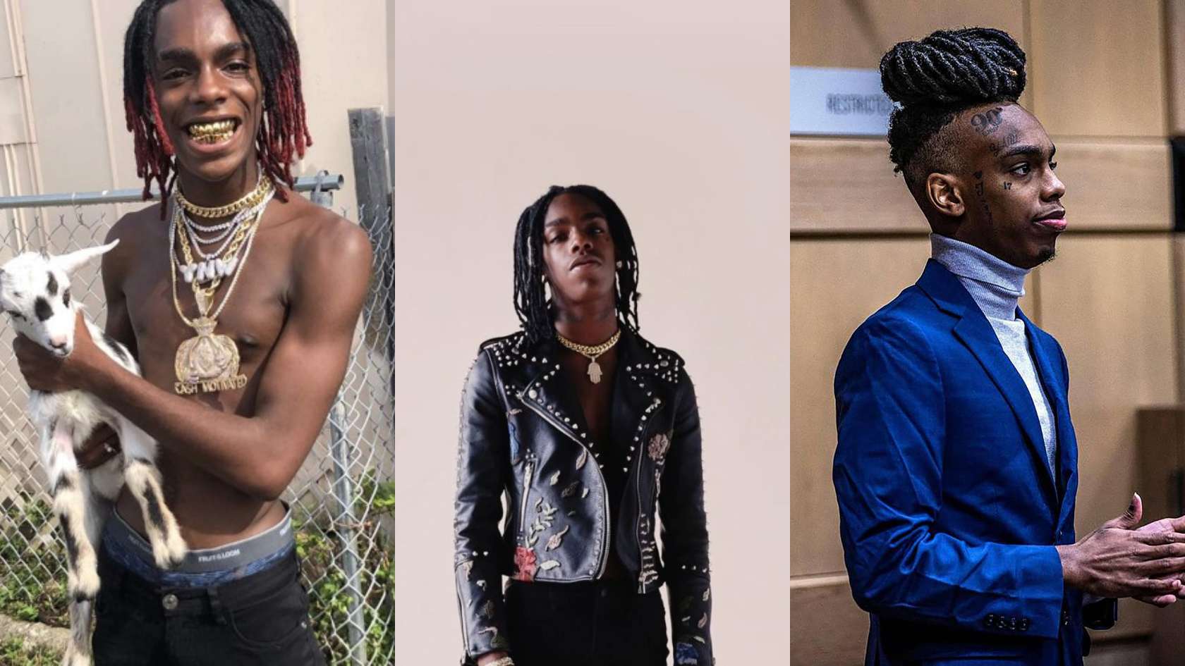YNW Melly with dreadlocks shown shirtless holding a goat wearing a black leather jacket and dressed in a blue suit.