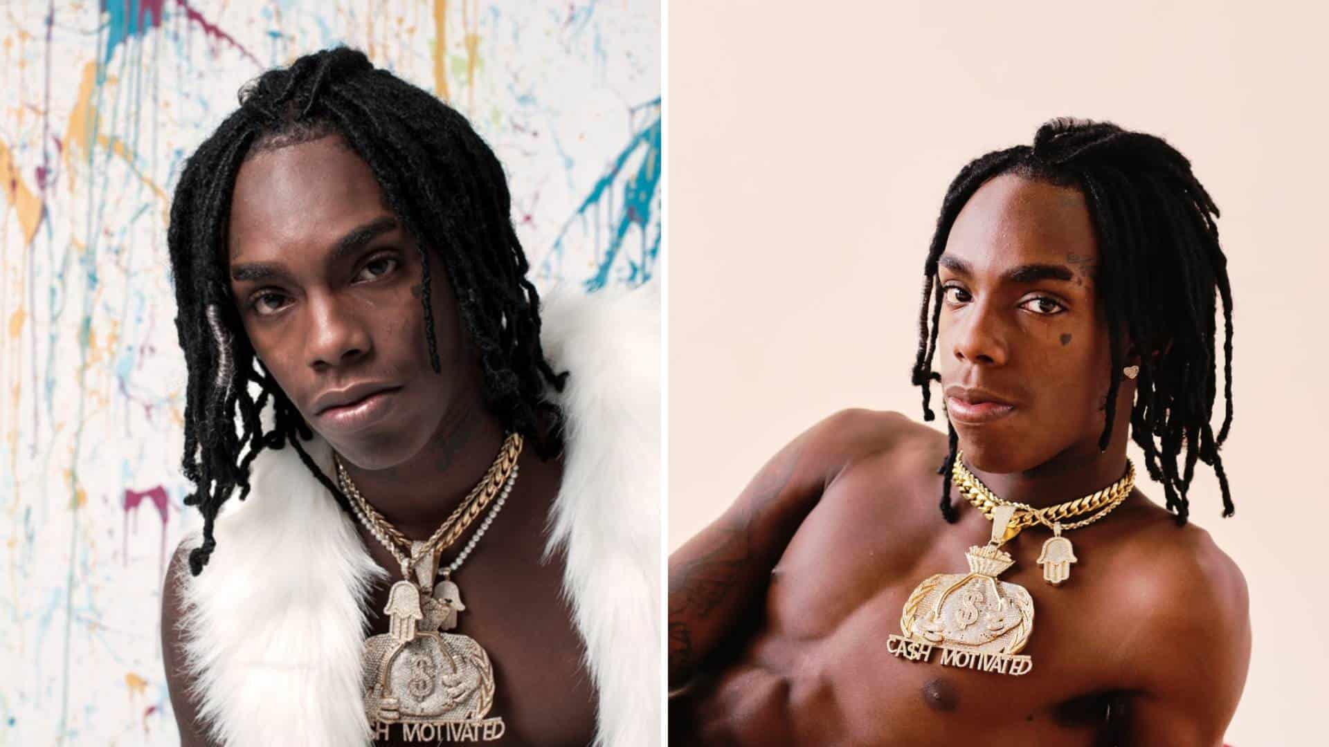 YNW Melly with shoulder length dreadlocks wearing gold chains shown in a white fur vest in one image and shirtless against a light background in another..