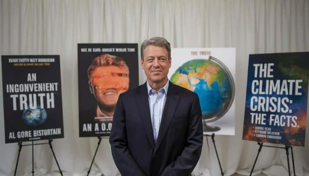 al gore standing in front of posters of his works an inconvenient truth the truth and the climate crisis the facts