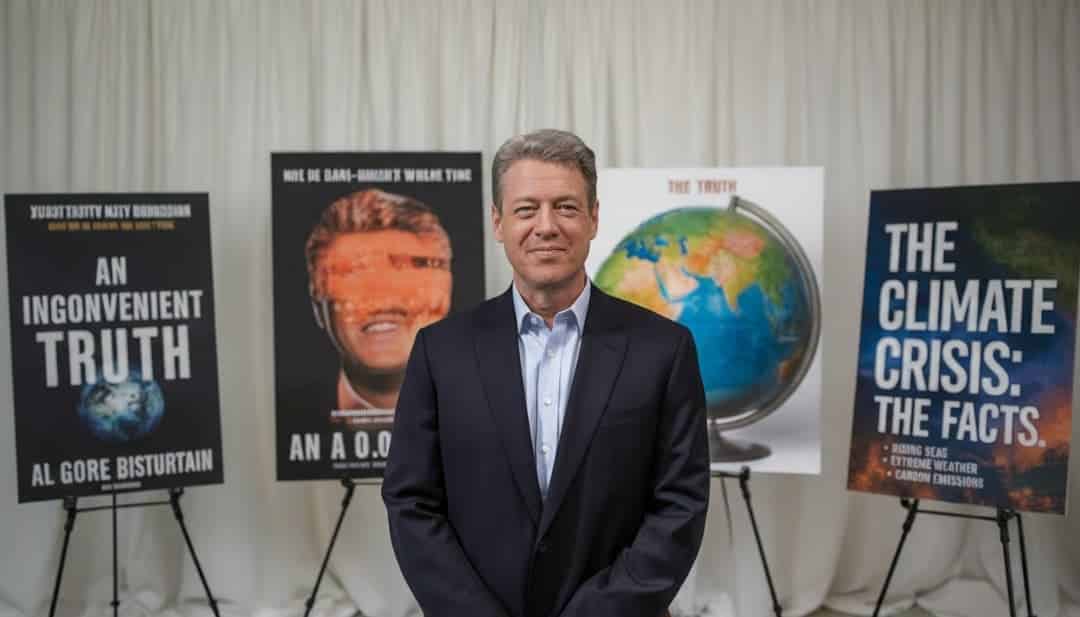 al gore standing in front of posters of his works an inconvenient truth the truth and the climate crisis the facts