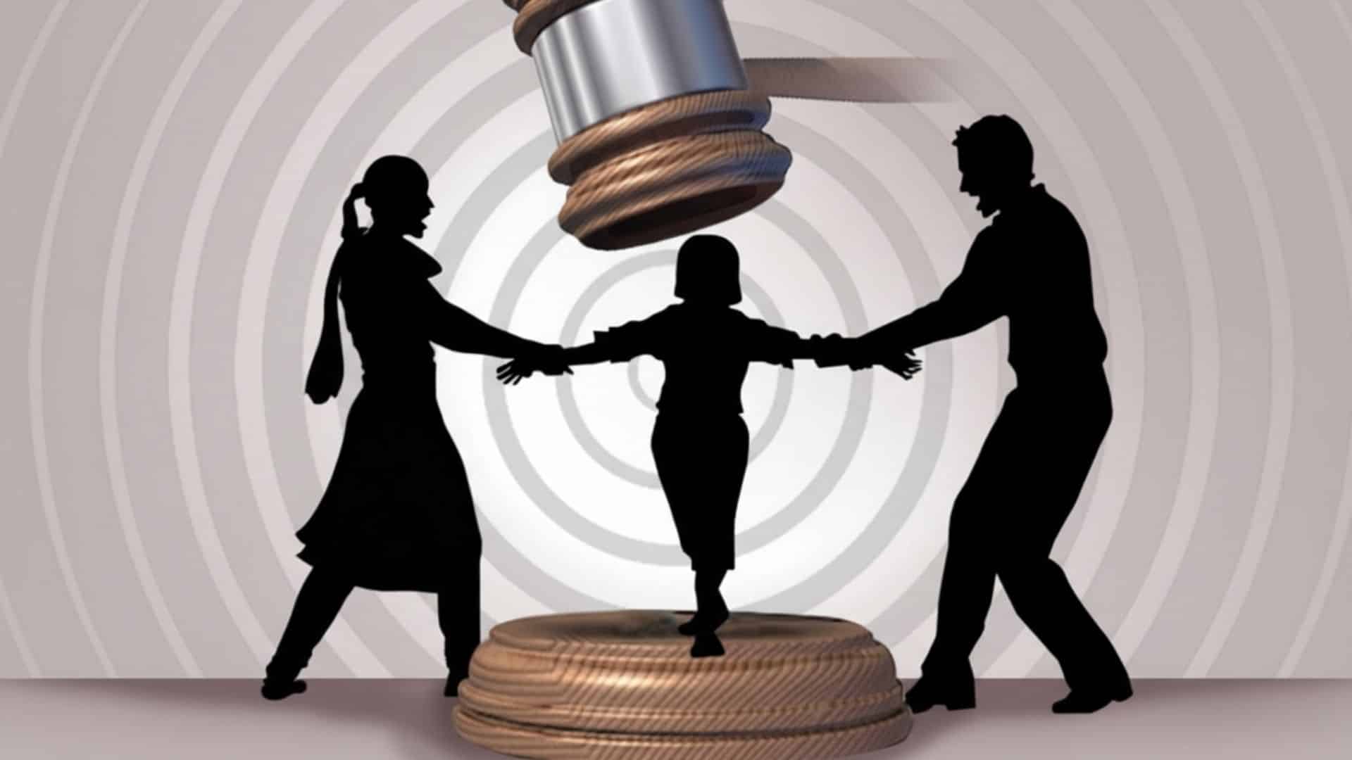 illustration of a custody case with a gavel parents pulling a child in opposite directions