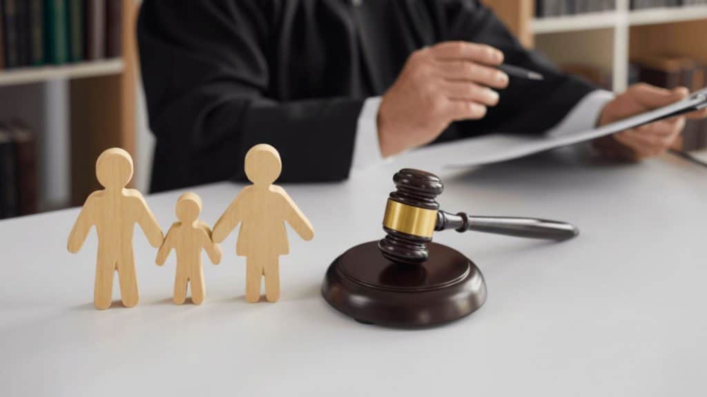 wooden family figurines representing a custody case with a judges gavel in the foreground