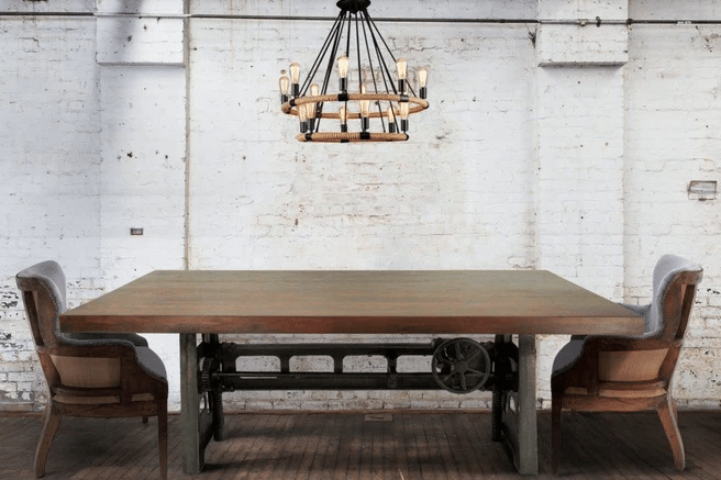 Industrial rustic dining table setup.