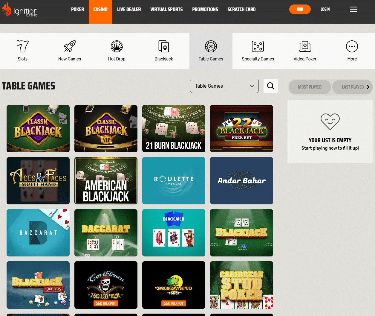 Ignition Casino webpage for table games
