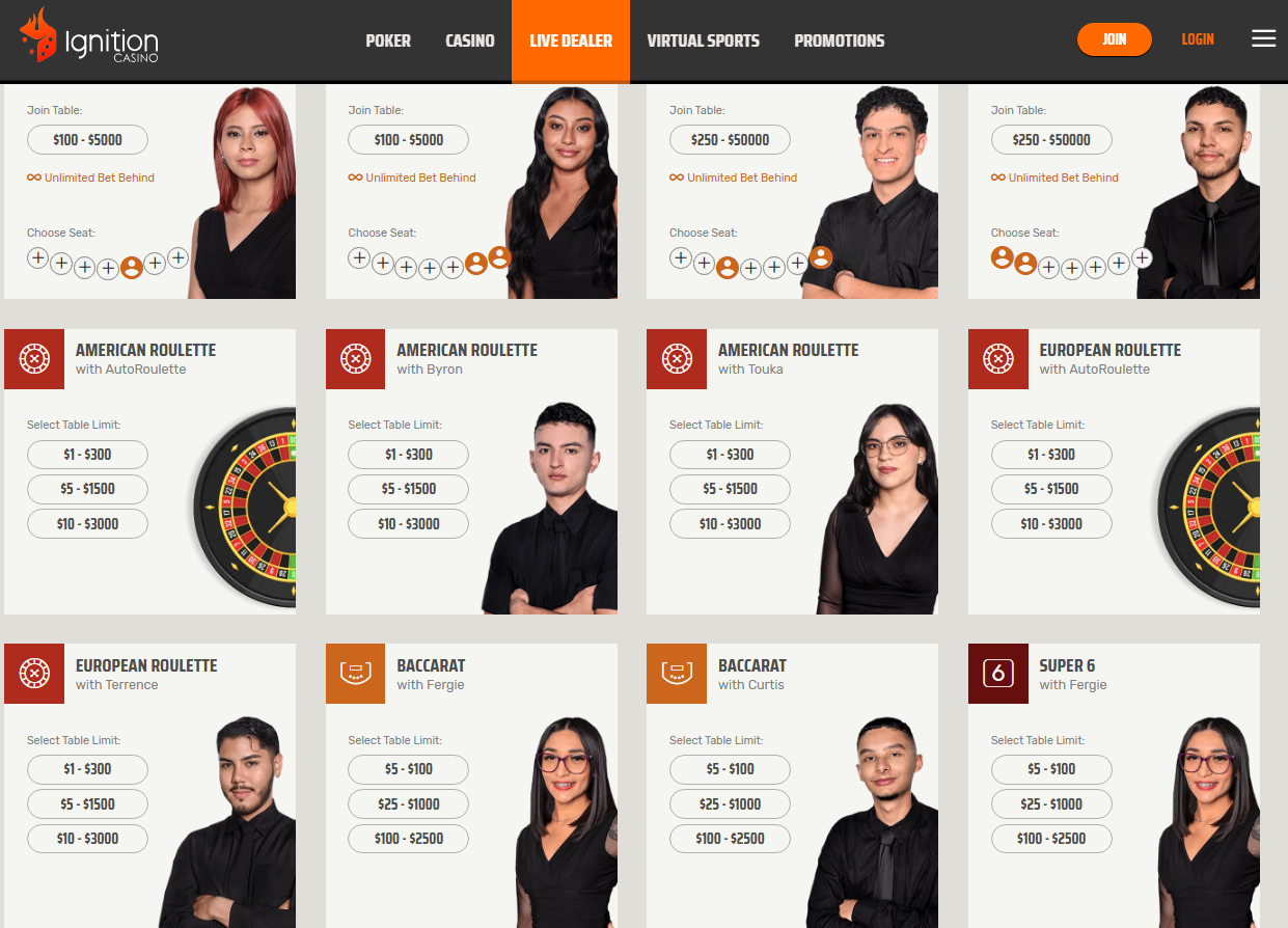 Ignition Casino webpage for live dealers