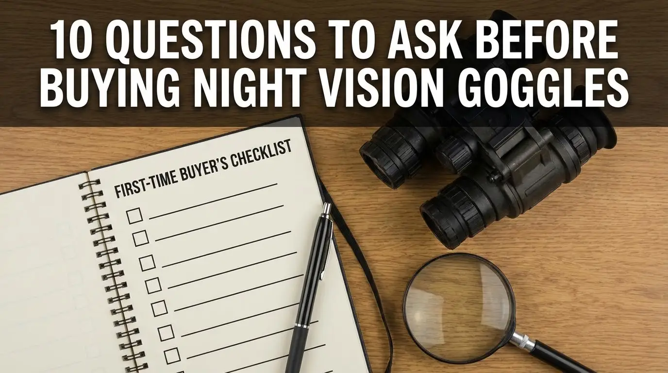 Checklist with pen, night vision goggles, and magnifying glass on wooden table