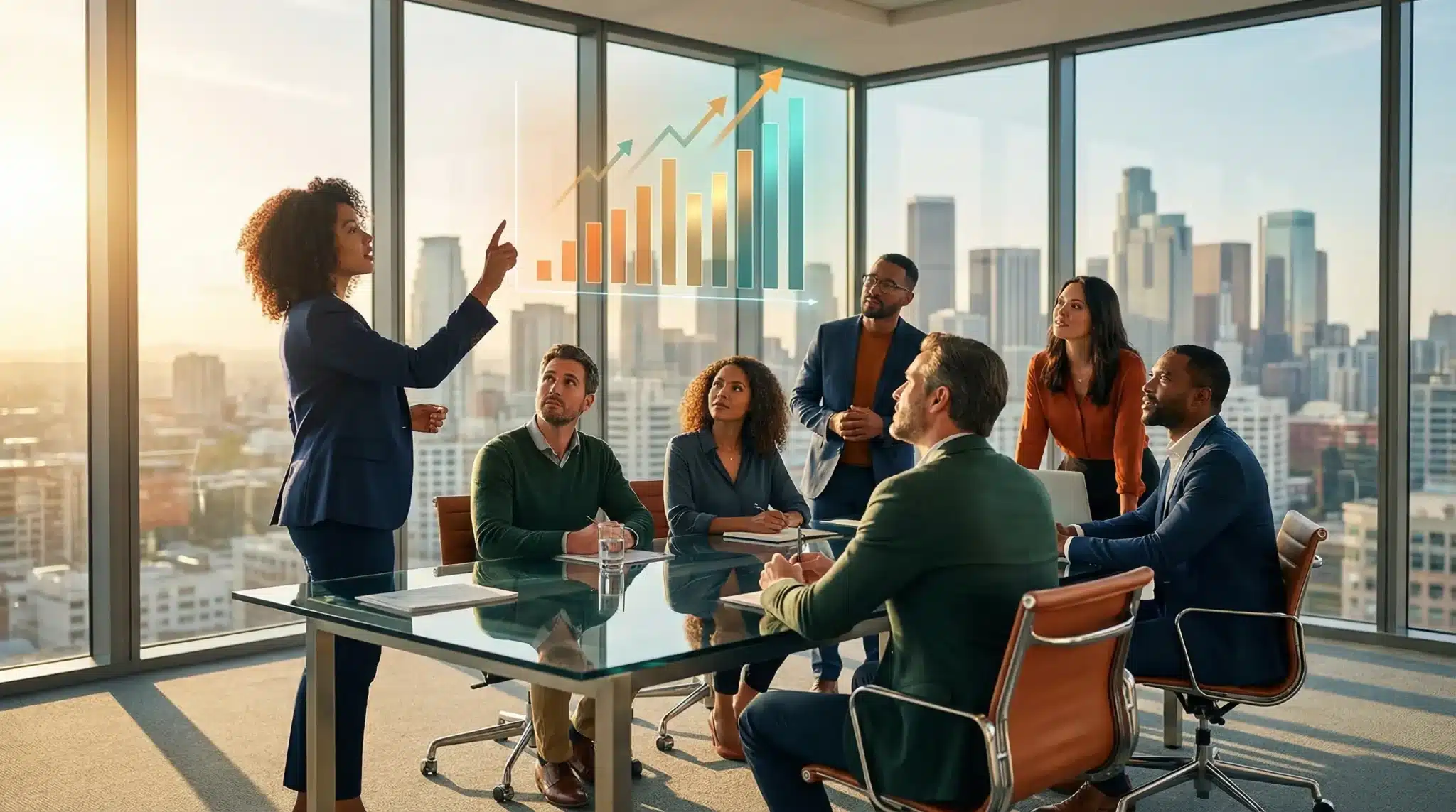 Businesswoman presenting growth chart to colleagues in modern conference room with city skyline background