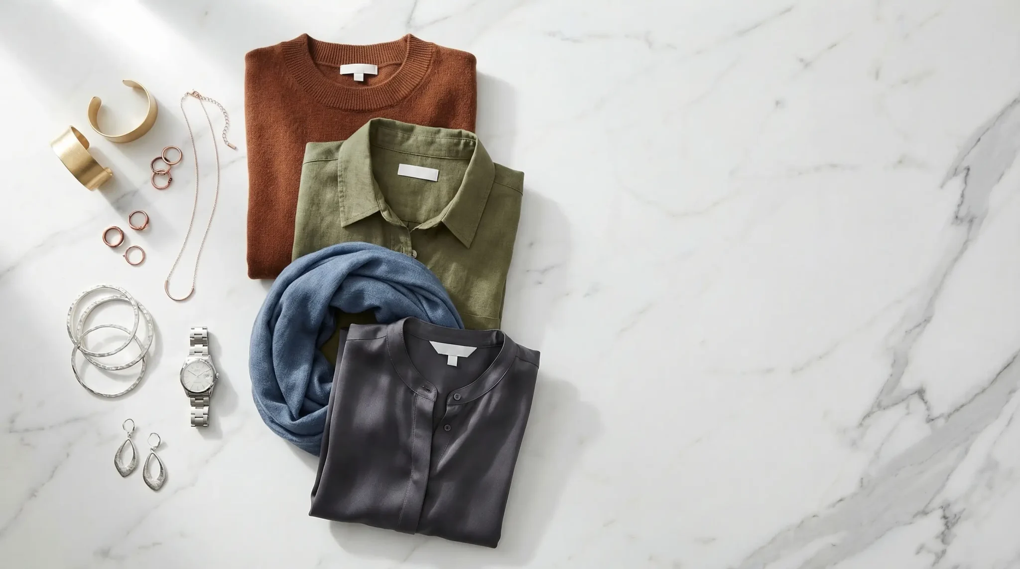 Folded sweaters and jewelry arranged on white marble surface with soft natural lighting
