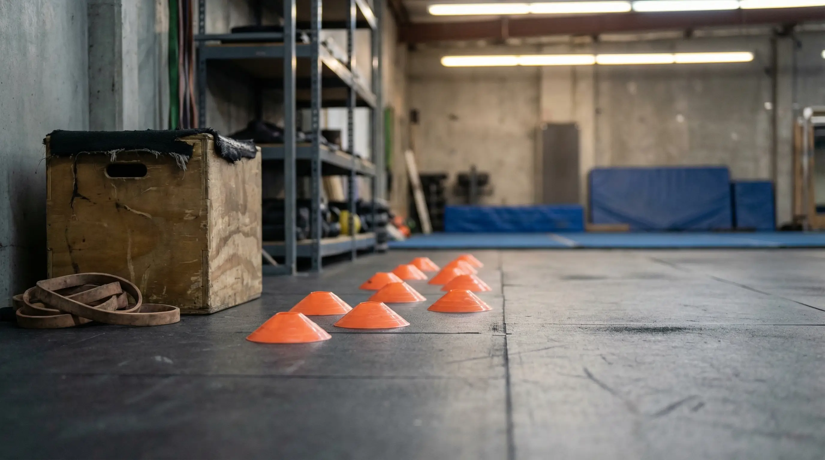 Orange training cones aligned on gym floor near wooden box and rubber bands in industrial gym