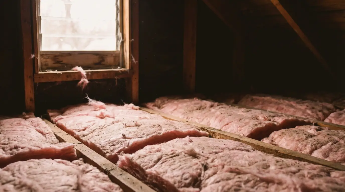 Pink fiberglass insulation in an attic with wooden beams and a small window