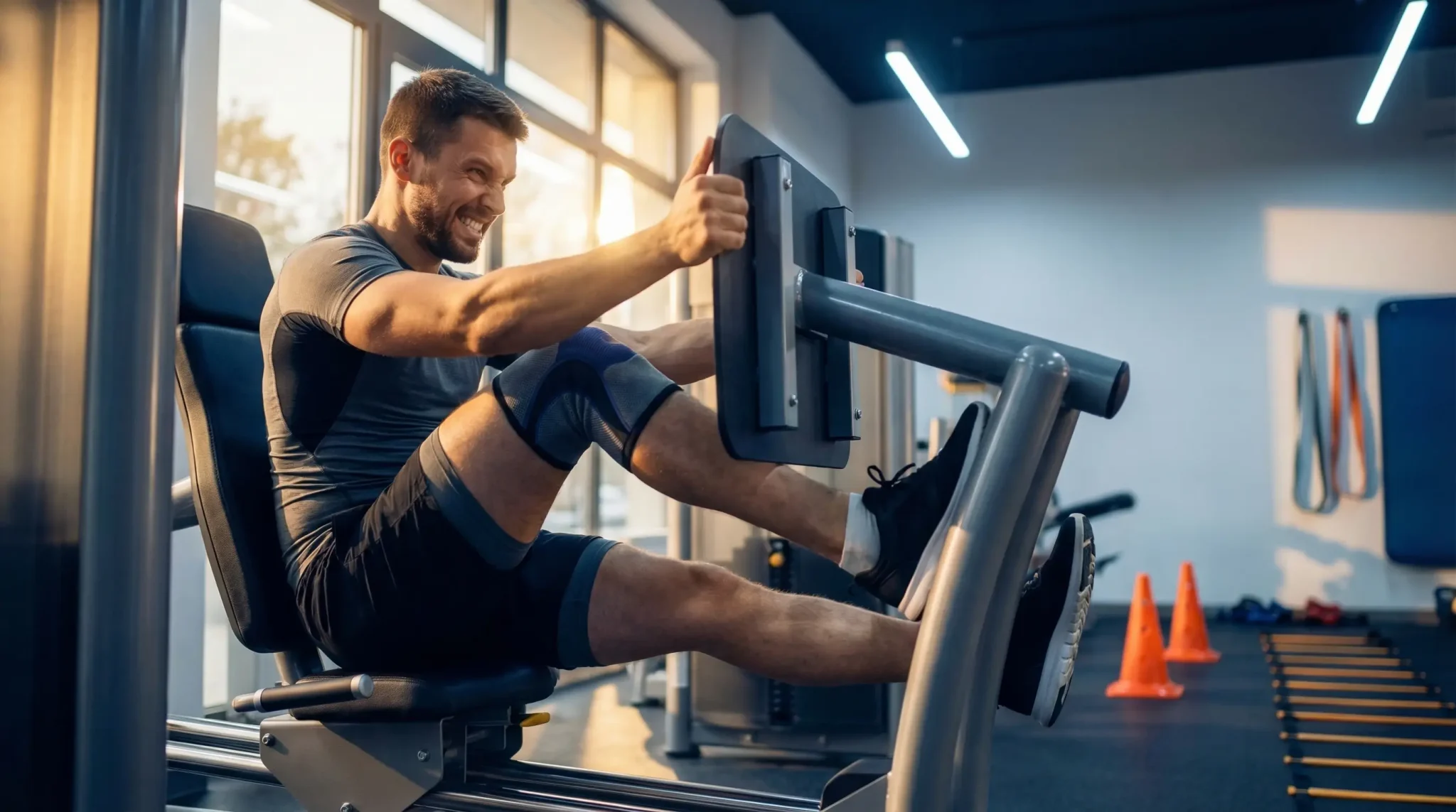 Man exercising on gym machine in a well-lit, modern fitness center