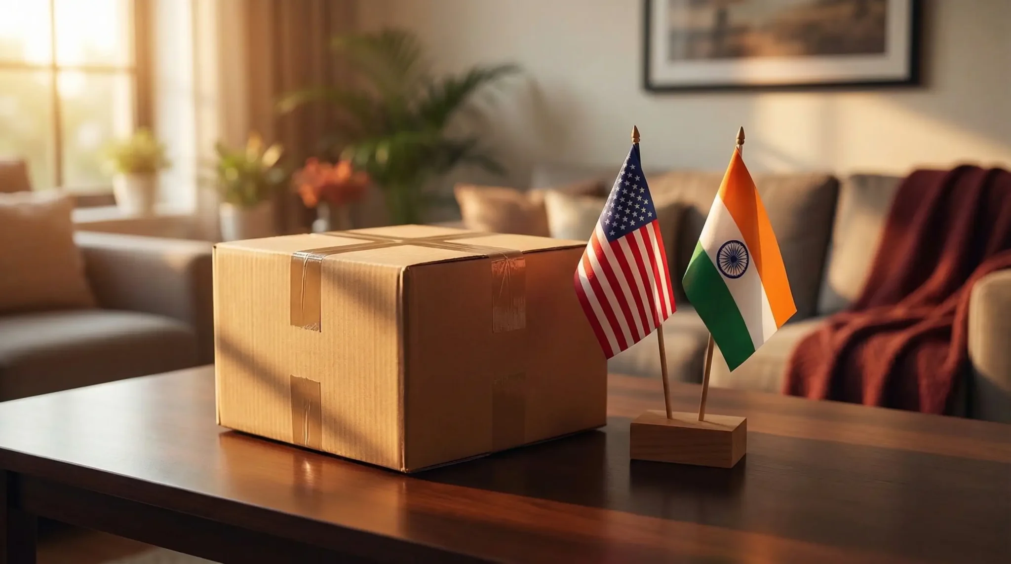 Cardboard box with American and Indian flags on wooden table in sunlit living room