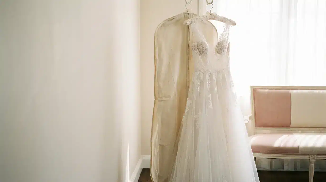 Wedding dress with lace details hanging beside garment bag in a softly lit room