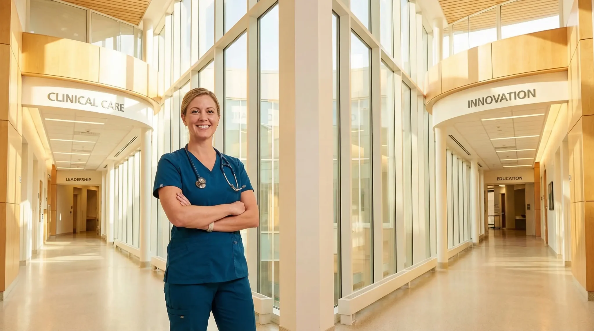 Medical professional in scrubs standing in bright hospital corridor with floor-to-ceiling windows