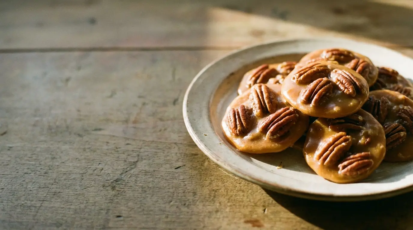Pecan pralines arranged on a ceramic plate in warm natural light