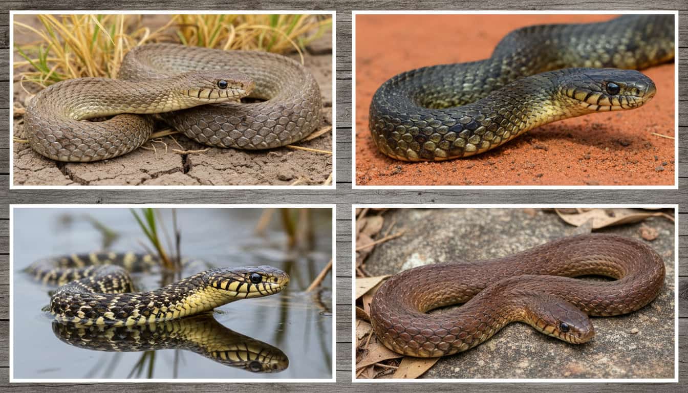 collage of several venomous snakes coiled on dirt sand and near water