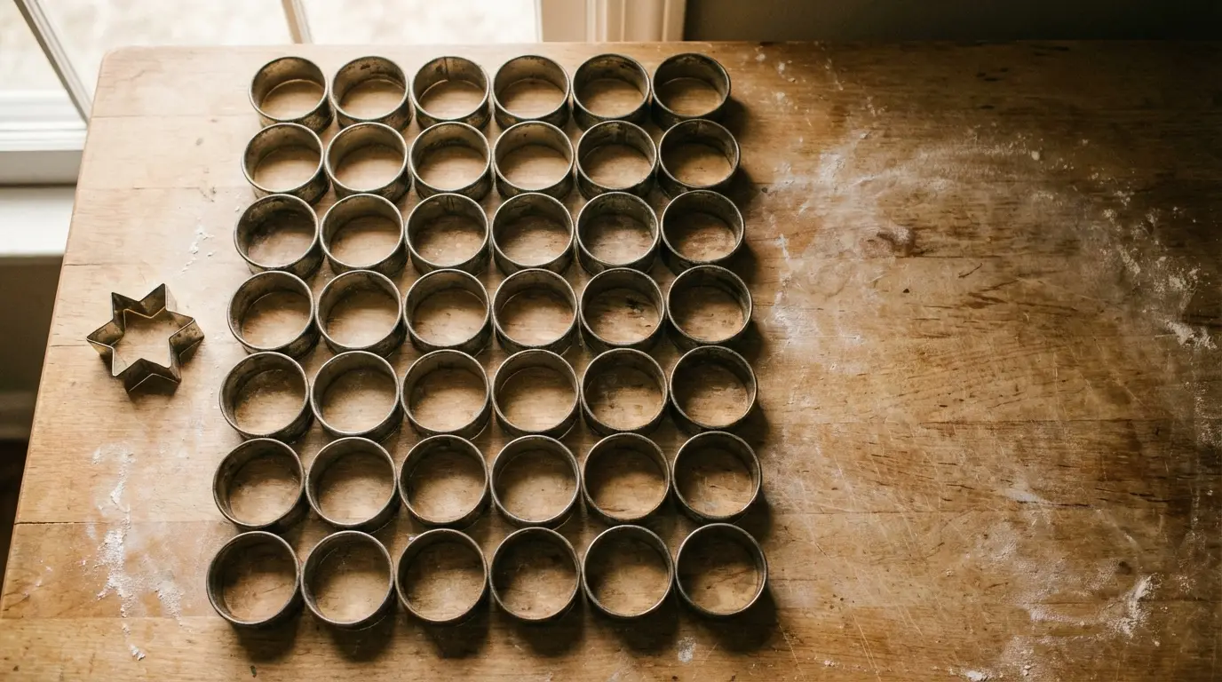 Array of round cookie cutters and a star-shaped cutter on a floured wooden table