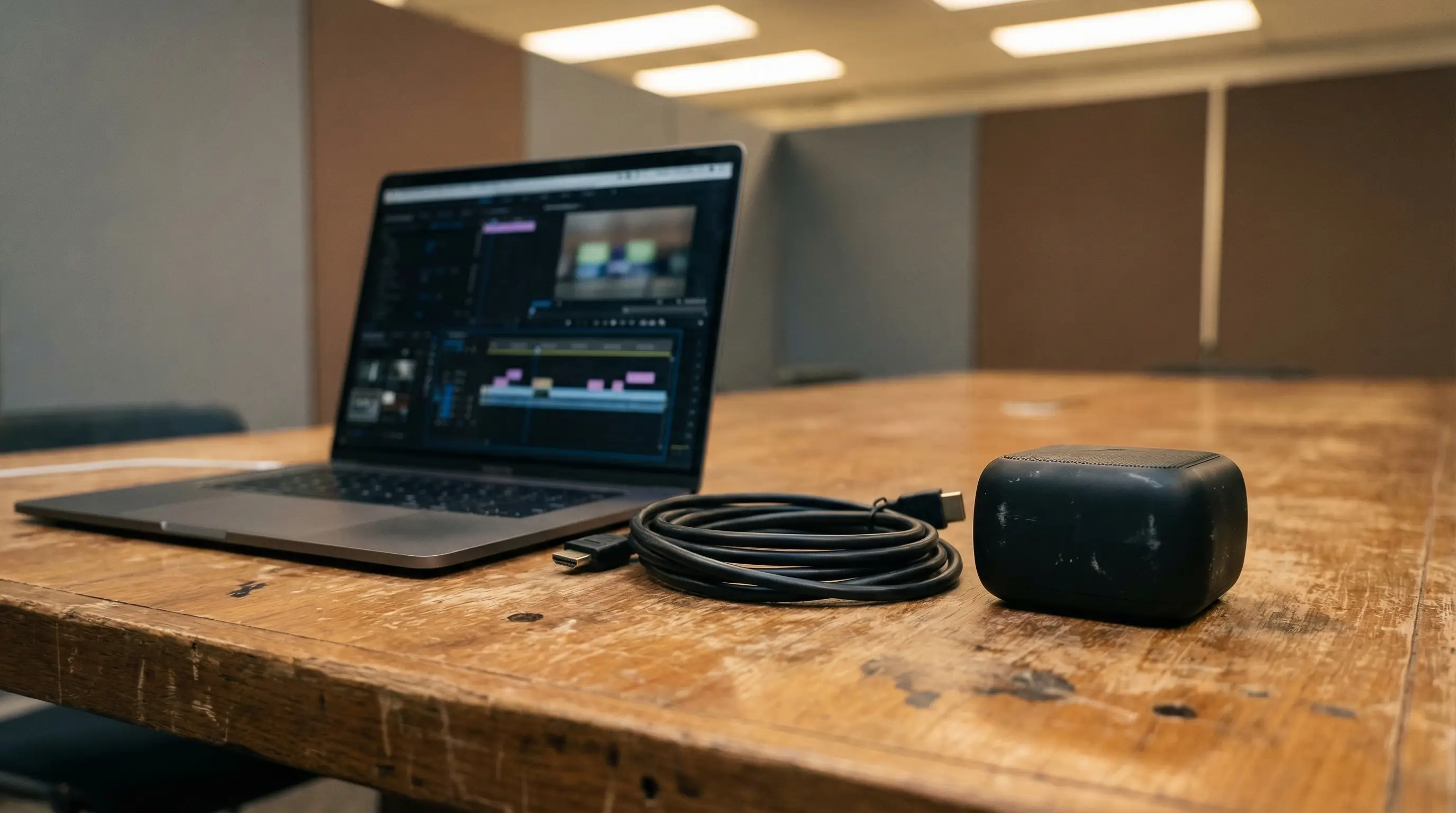 Laptop with video editing software on rustic wooden table alongside coiled cable.