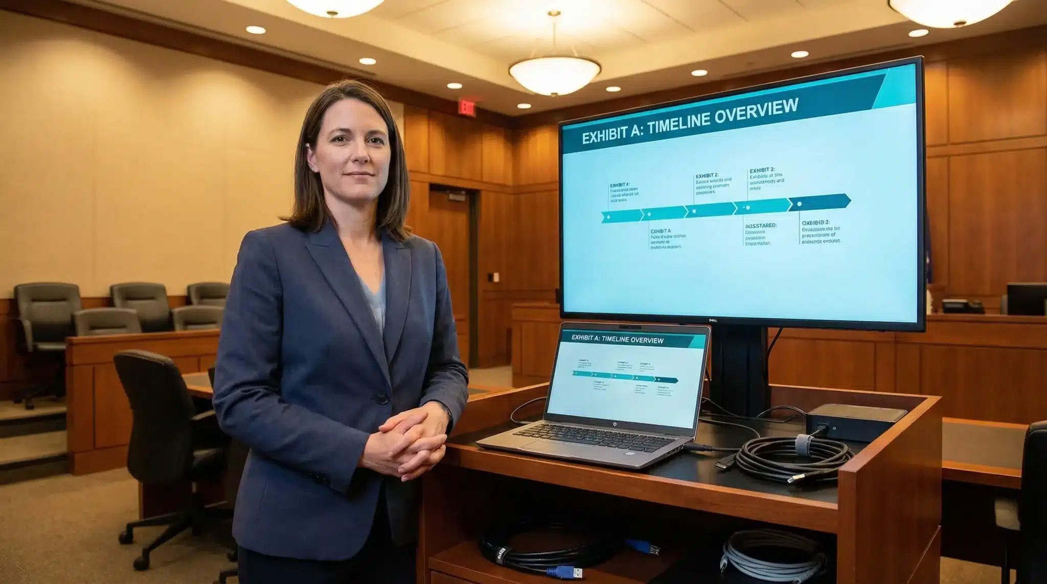 Woman in courtroom standing by presentation screen and laptop displaying timeline overview