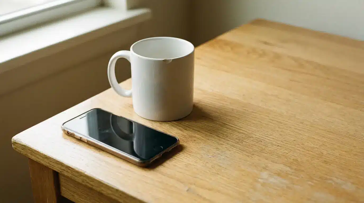 White ceramic mug and smartphone on light wooden table near window