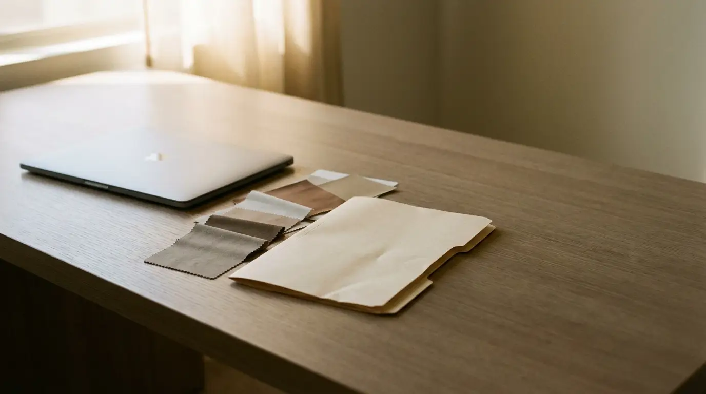 Laptop and fabric swatches on wooden desk in sunny office setting