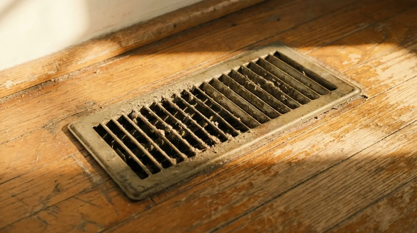 Dusty floor vent on worn wooden floor with warm sunlight streaming through