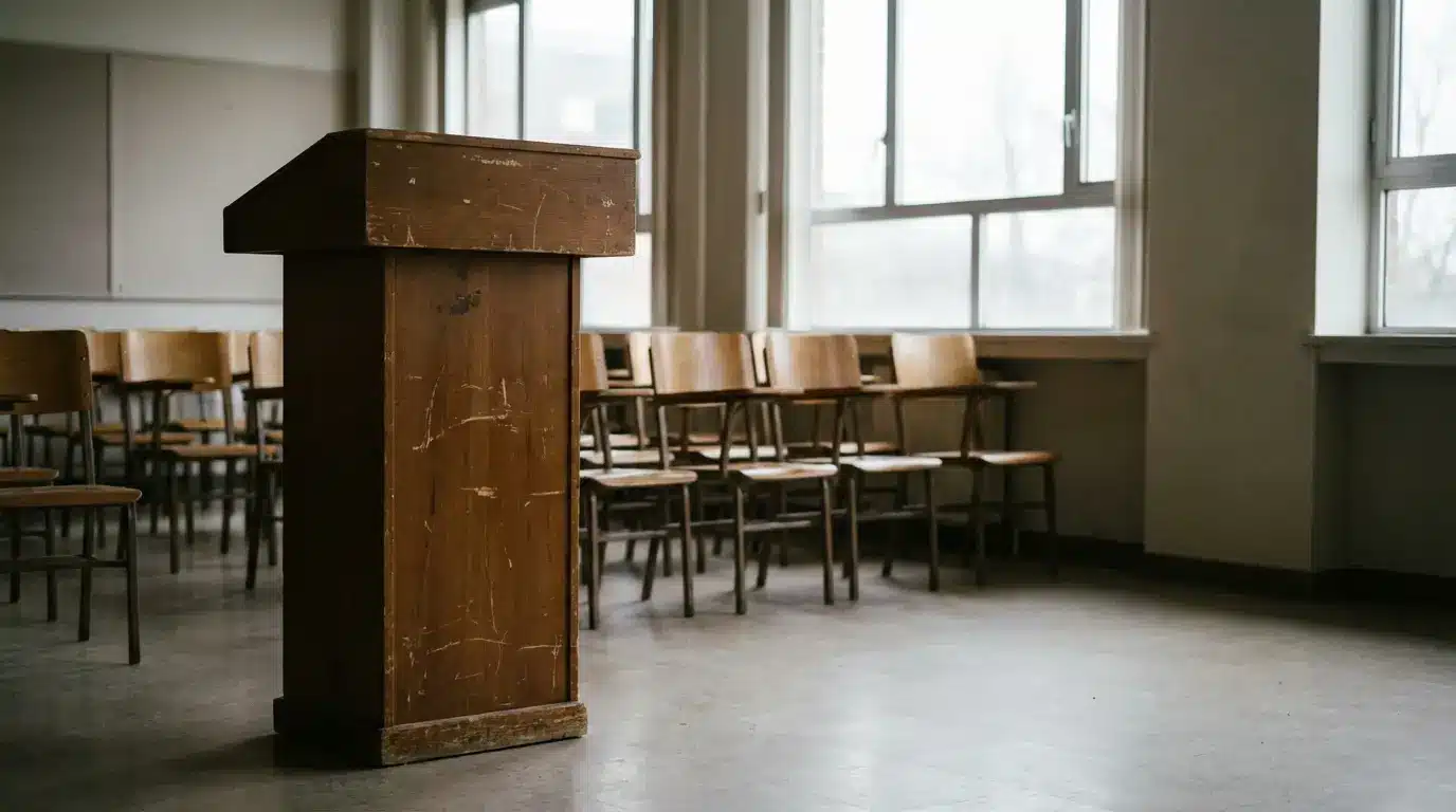 Wooden lectern in an empty classroom with rows of chairs and large windows