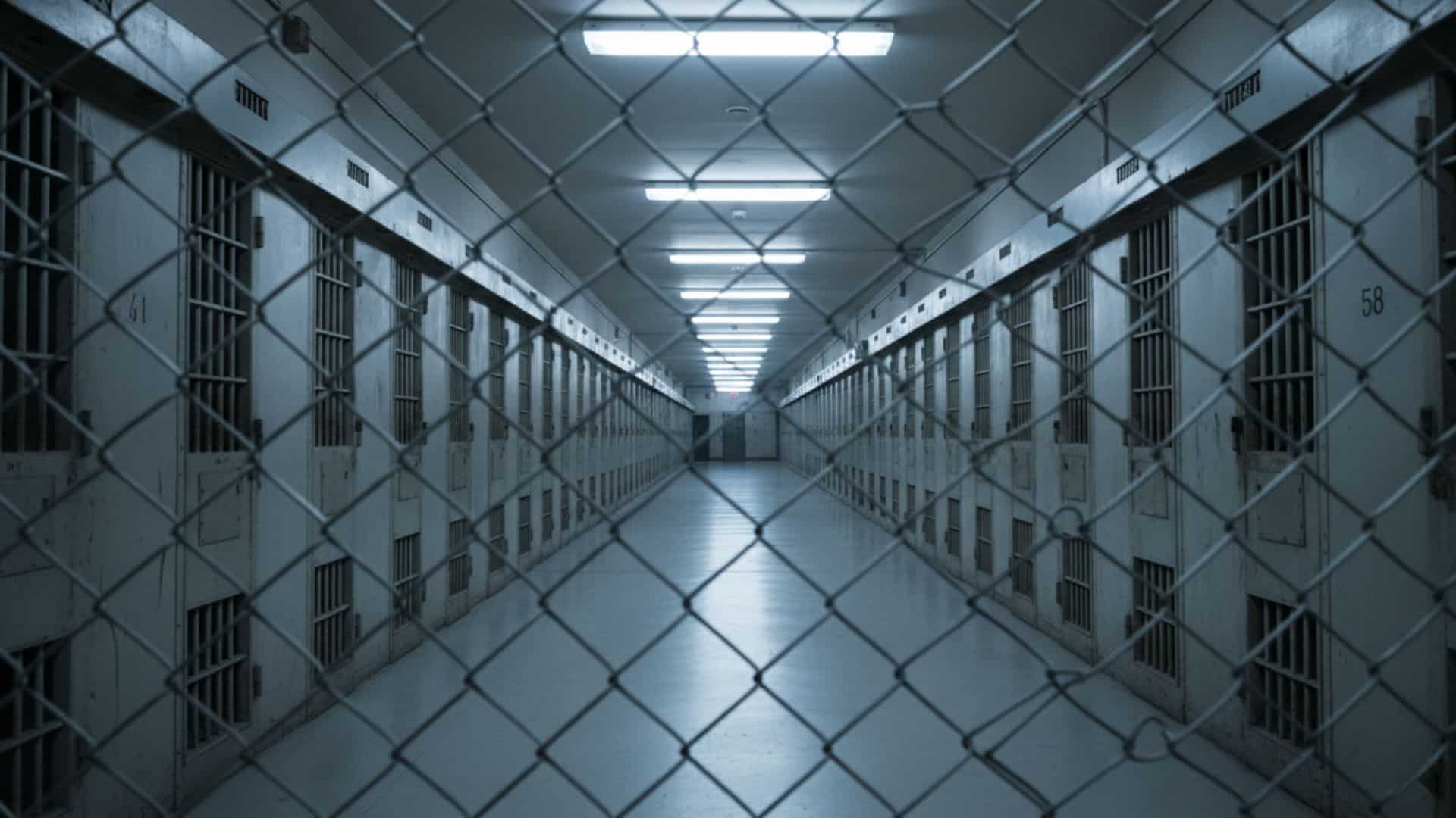 empty-prison-cell-block-behind chain link fence with rows of barred doors.jpeg