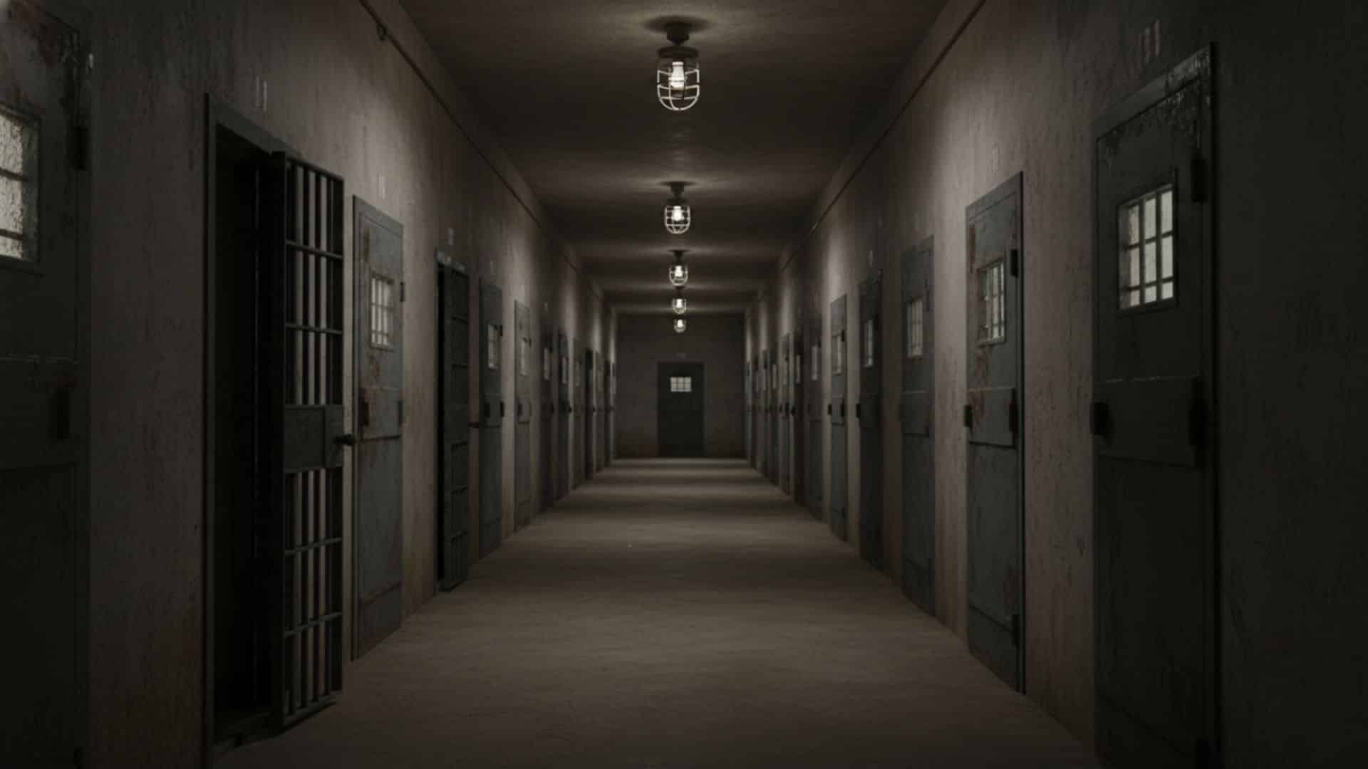 empty prison corridor with jail cell doors and dim overhead lights.jpeg