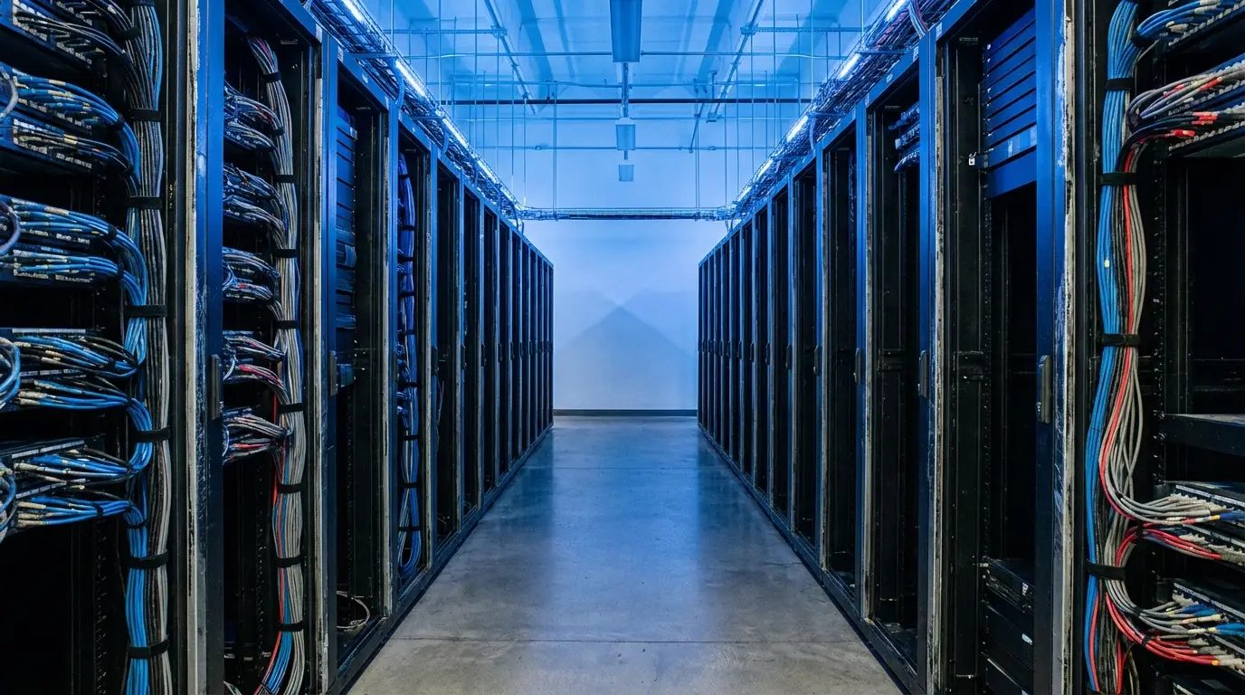 Rows of server racks and cables in a dimly lit data center hallway