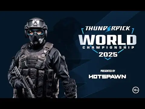 A person in tactical gear holding a rifle against dark blue background