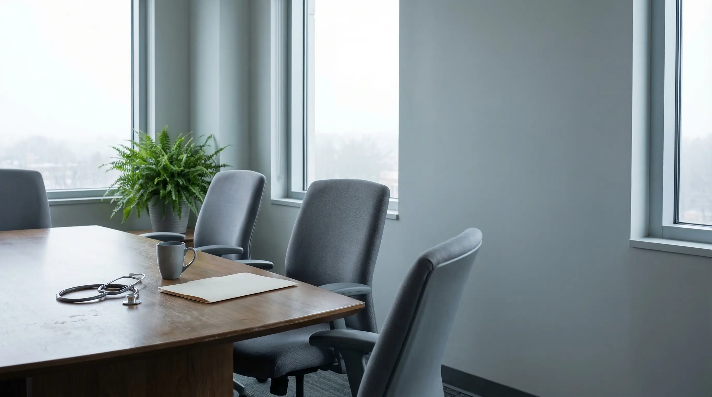 Conference room with gray chairs, wooden table, stethoscope, and a potted plant by the window